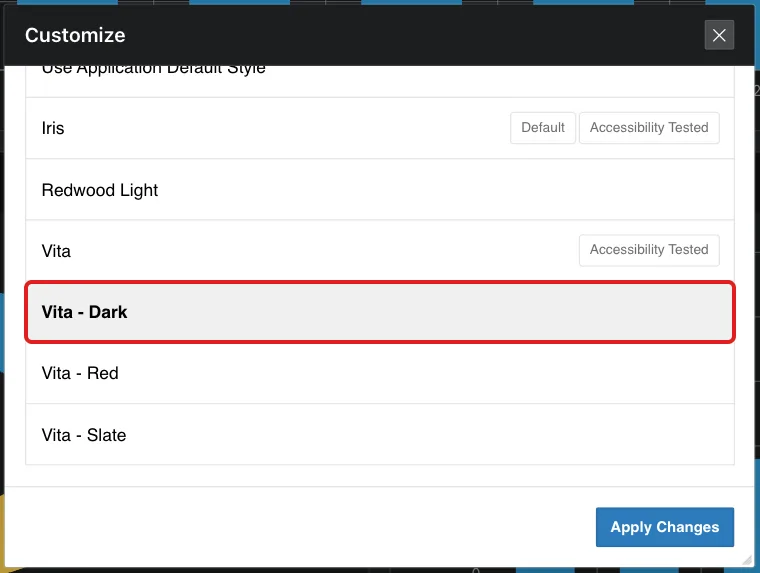 Oracle APEX Customize dialog listing Use Application Default Style, Iris, Redwood Light, Vita, Vita - Dark, Vita - Red and Vita - Slate, with Vita - Dark selected and marked with a red box