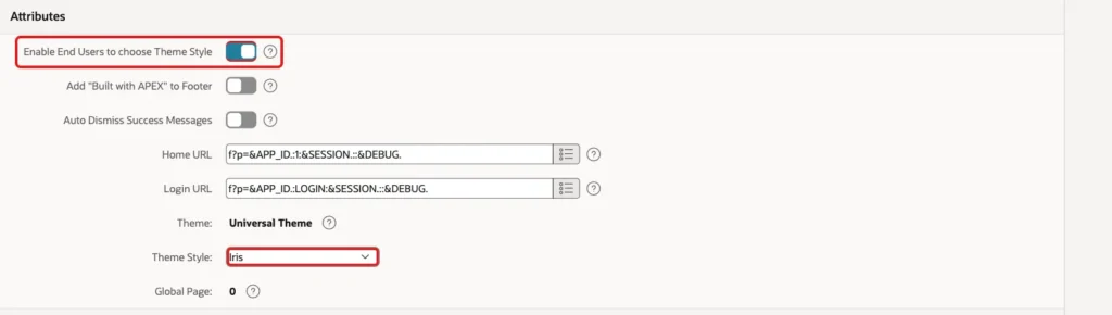 User Interface Attributes with Enable End Users to choose Theme Style turned on, marked with a red box, and Theme Style Iris