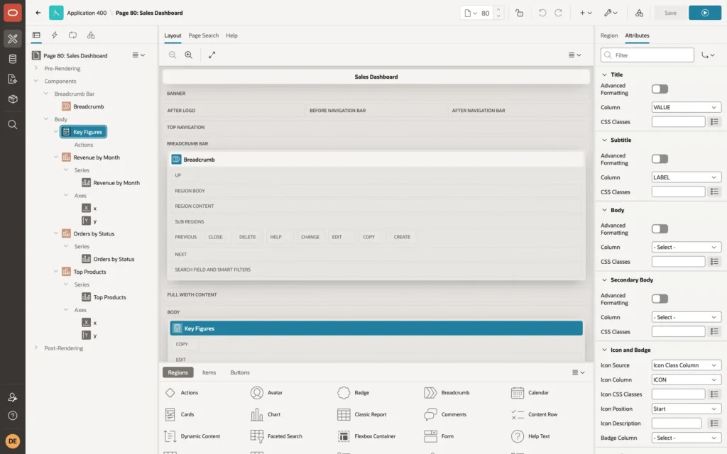 Page Designer showing the Key Figures cards region attributes with Title column VALUE, Subtitle column LABEL and Icon Column ICON