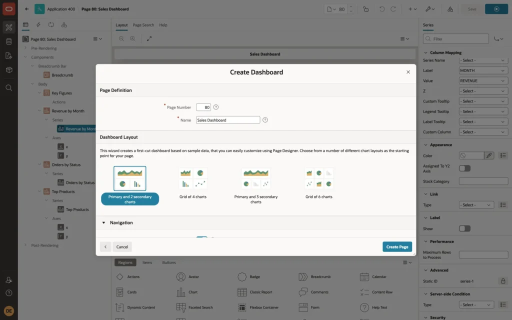 Create Dashboard page wizard with page 80, name Sales Dashboard and the layout Primary and 2 secondary charts selected