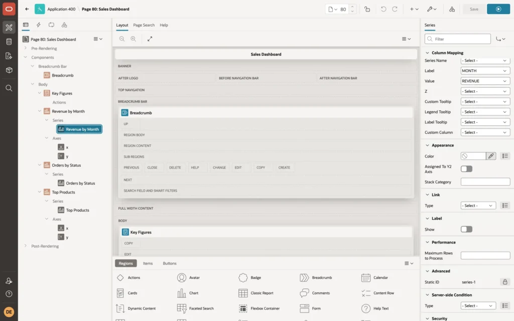 Page Designer showing the Revenue by Month series with Column Mapping Label MONTH and Value REVENUE
