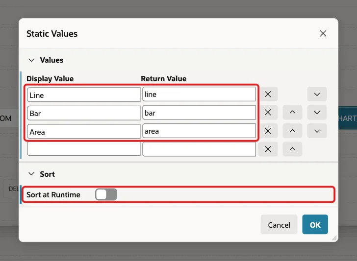 Static Values dialog with Line line, Bar bar, Area area and Sort at Runtime off marked with red boxes