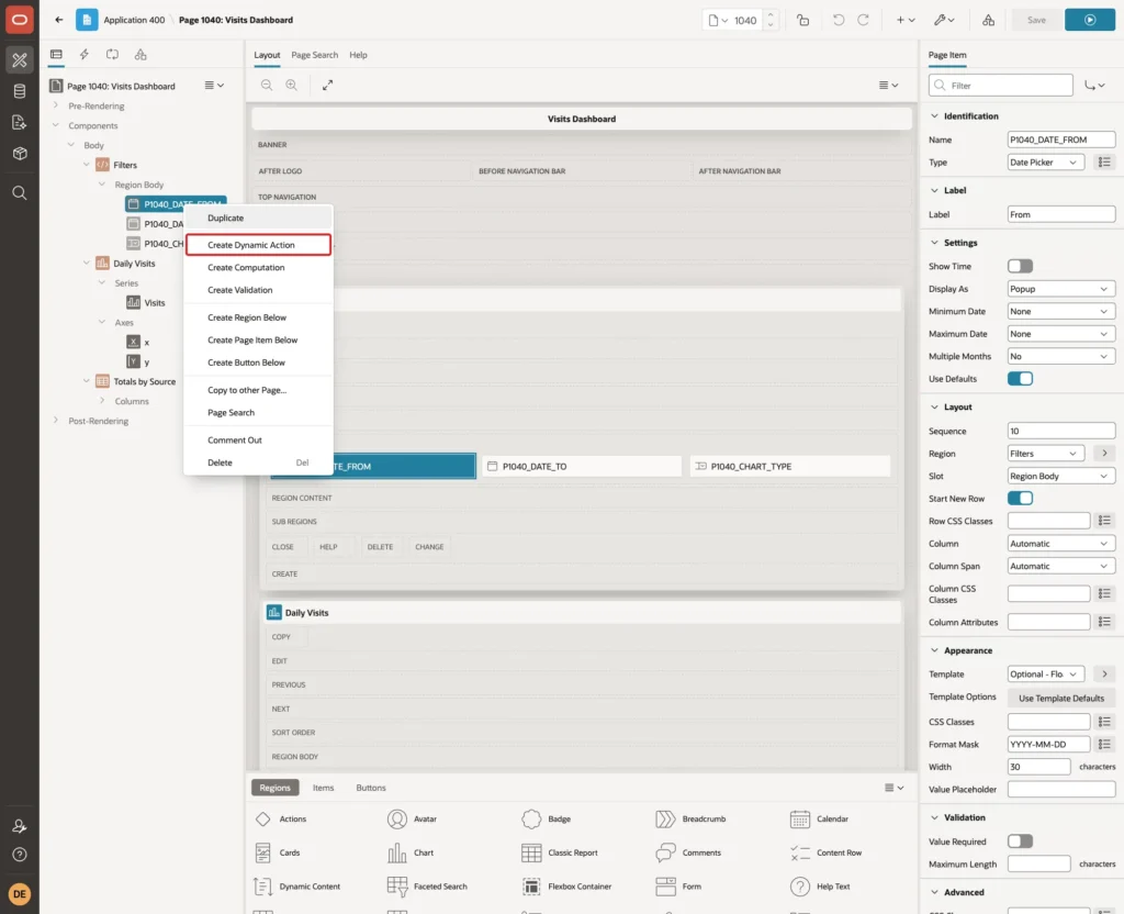 Context menu of P1040_DATE_FROM with Create Dynamic Action marked with a red box