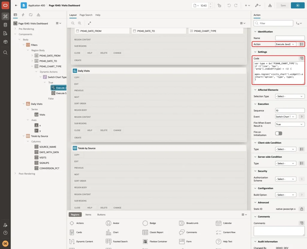 True action Execute JavaScript Code with the ojChart code marked with red boxes