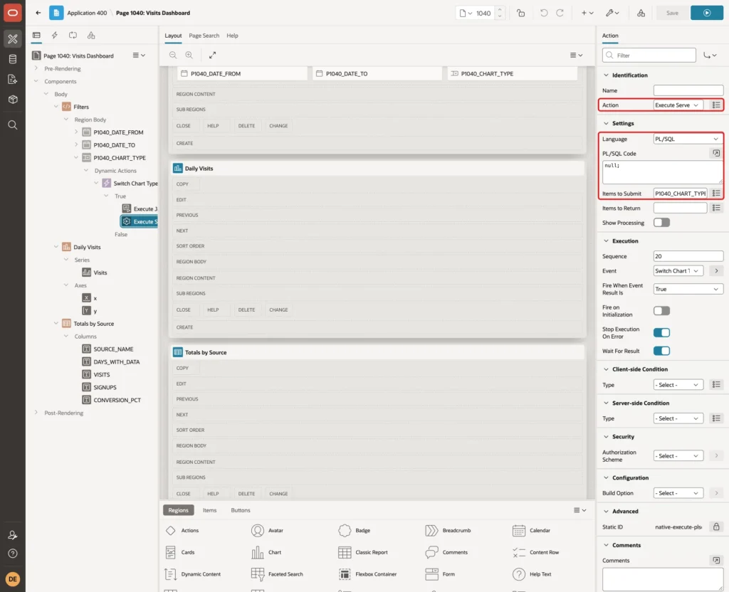 True action Execute Server-side Code with Language PL/SQL, PL/SQL Code null; and Items to Submit P1040_CHART_TYPE marked with red boxes