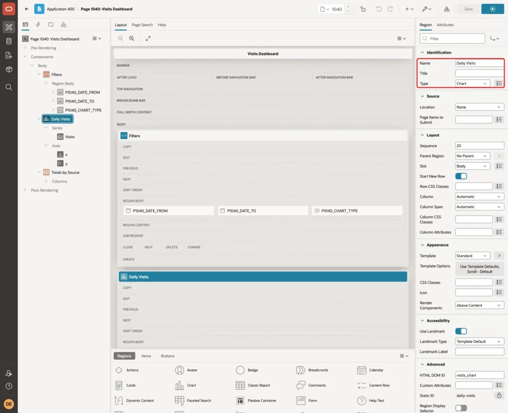 Page Designer with the region Name Daily Visits and Type Chart marked with a red box