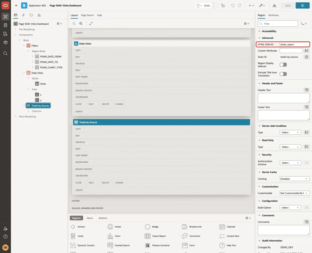Advanced group of the report with HTML DOM ID totals_report marked with a red box