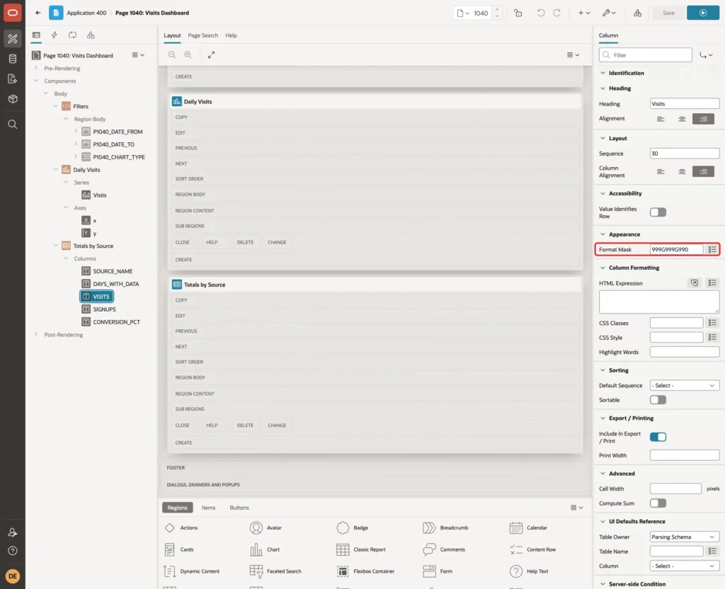 Column VISITS with Format Mask 999G999G990 marked with a red box