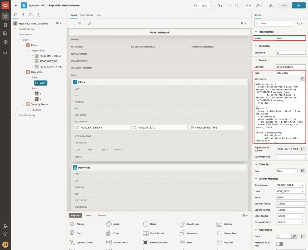 Series Visits with Name, Source Type SQL Query and the query marked with red boxes