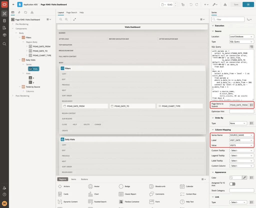 Series with Page Items to Submit P1040_DATE_FROM,P1040_DATE_TO and Column Mapping Series Name SOURCE_NAME, Label VISIT_DATE, Value VISITS marked with red boxes