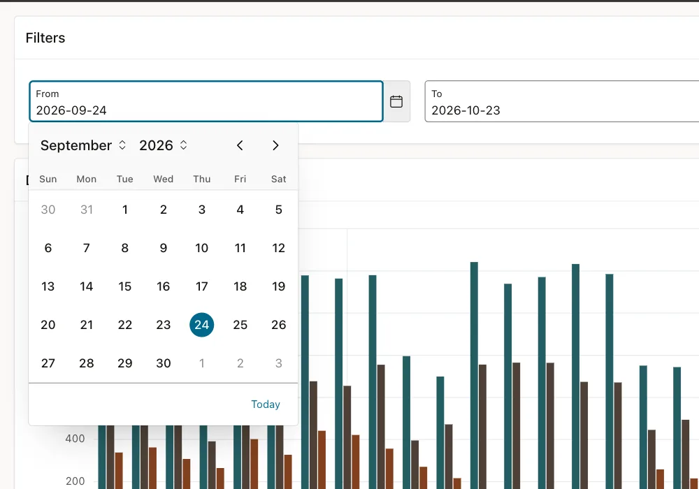 Date picker popup of the From item showing September 2026 with the 24th selected