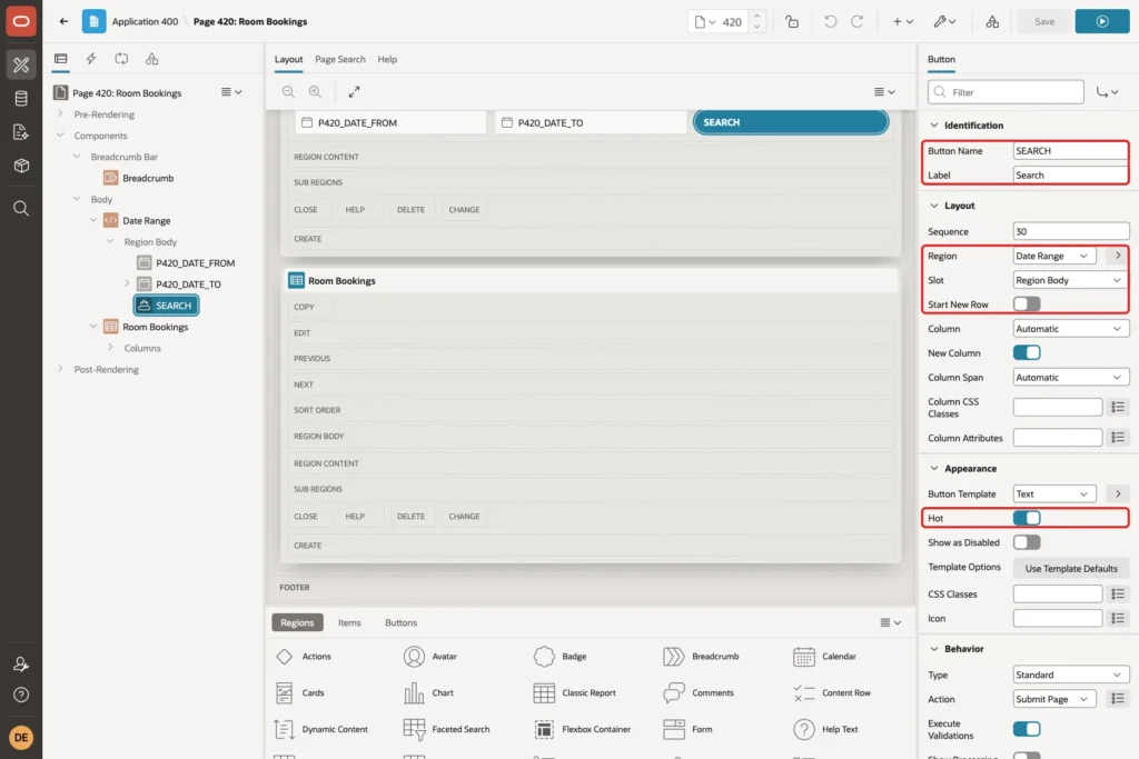 Page Designer with the SEARCH button selected and Button Name, Label, Region, Slot, Start New Row and Hot marked with red boxes