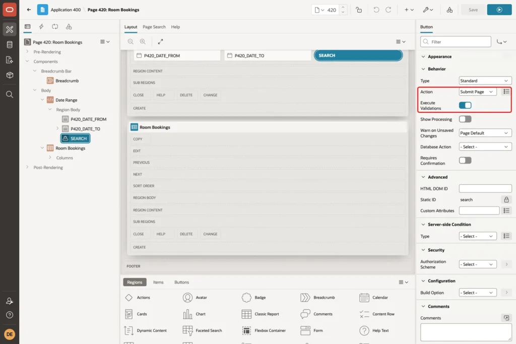 Behavior group of the SEARCH button with Action Submit Page and Execute Validations marked with a red box