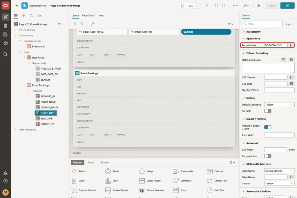Page Designer with the START_DATE report column selected and Format Mask DD-MON-YYYY marked with a red box