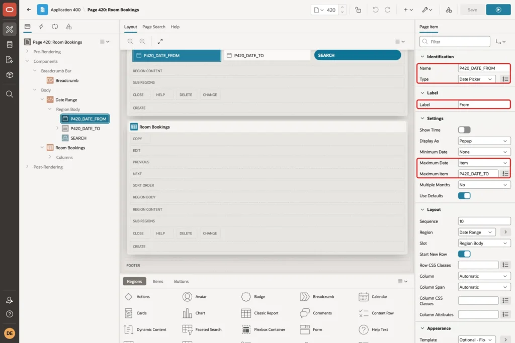 Page Designer with P420_DATE_FROM selected and Name, Type, Label, Maximum Date and Maximum Item marked with red boxes