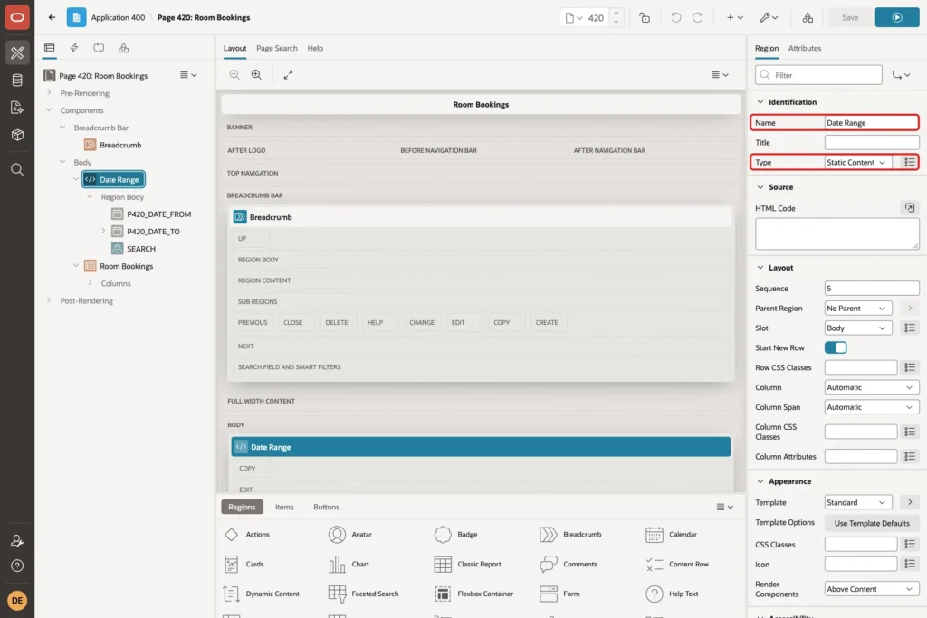 Page Designer with the Date Range region selected and Name and Type marked with red boxes