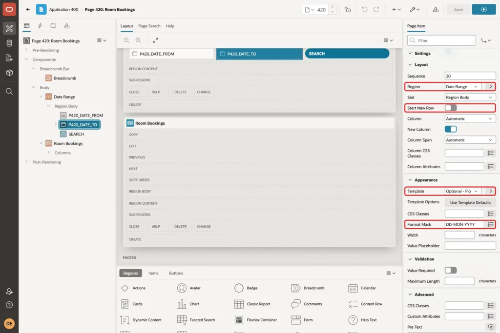 Layout and Appearance groups of P420_DATE_TO with Region, Start New Row, Template and Format Mask marked with red boxes