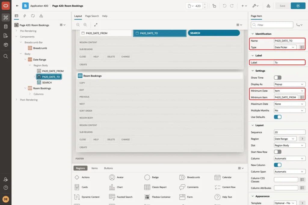 Page Designer with P420_DATE_TO selected and Name, Type, Label, Minimum Date and Minimum Item marked with red boxes