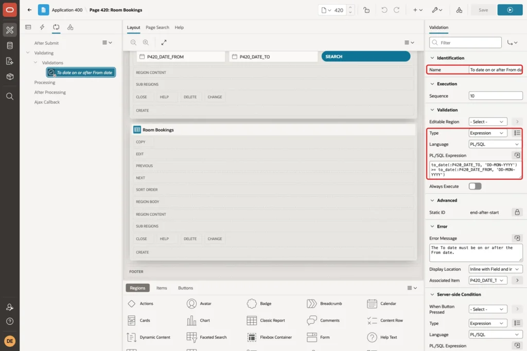 Page Designer Processing tab with the validation selected and Name, Type, Language and PL/SQL Expression marked with red boxes