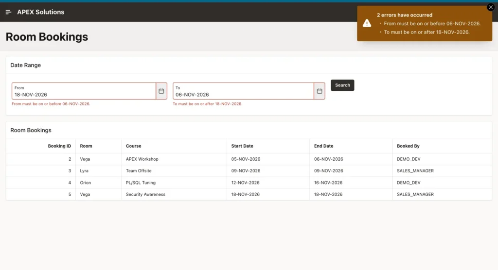 Room Bookings page with From 18-NOV-2026 and To 06-NOV-2026 and inline errors below both fields