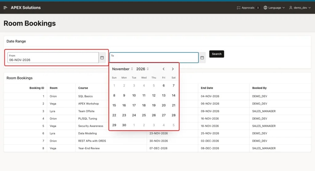 Room Bookings page with From 06-NOV-2026 and the To date picker open, days 1 to 5 November greyed out, both marked with red boxes