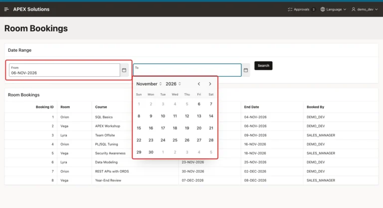 Room Bookings page with From 06-NOV-2026 and the To date picker open, days 1 to 5 November greyed out, both marked with red boxes
