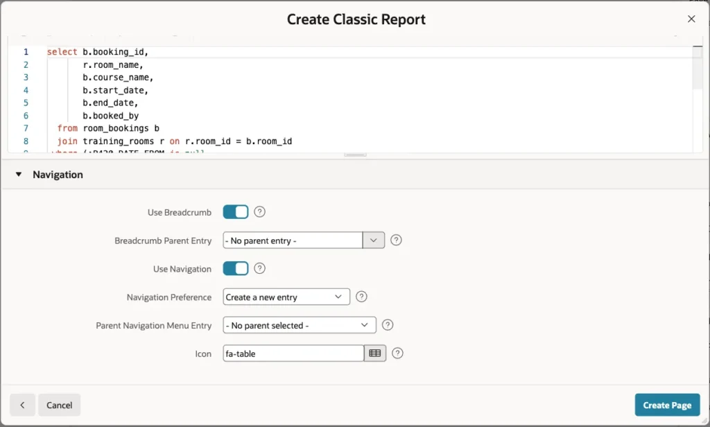 Navigation section of the Create Classic Report wizard with breadcrumb and navigation menu settings