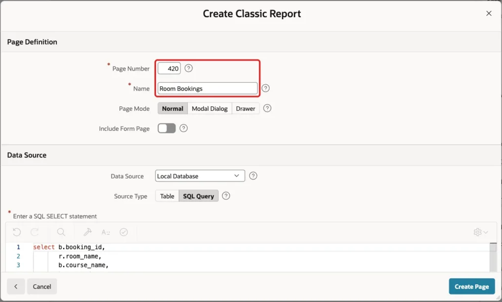Create Classic Report wizard with Page Number 420 and Name Room Bookings marked with a red box
