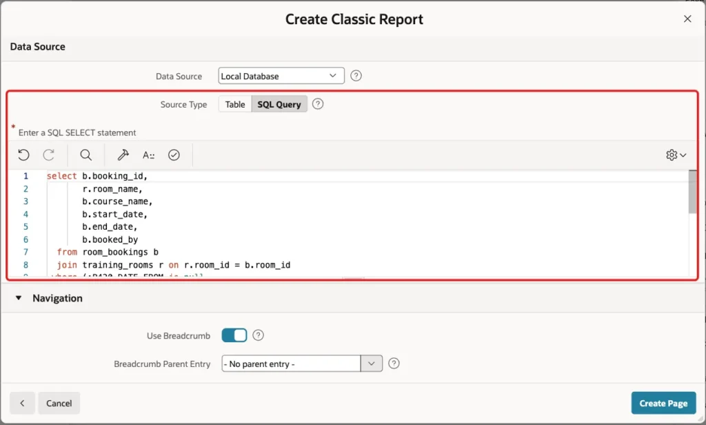 Data Source section with Source Type SQL Query and the query in the editor marked with a red box