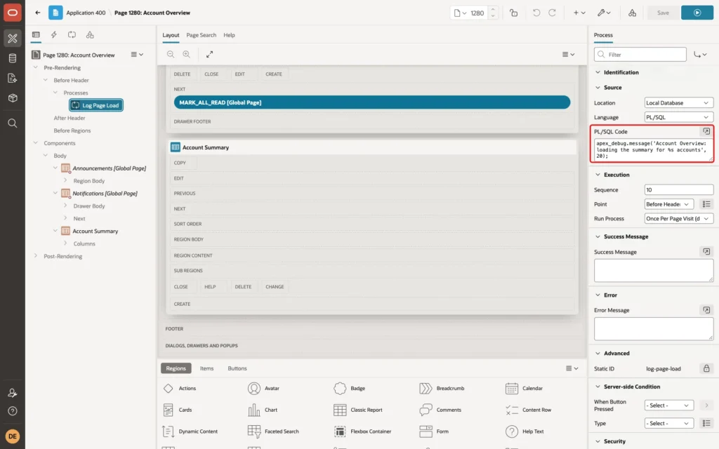 Page Designer with the process Log Page Load selected and the PL/SQL Code marked with a red box