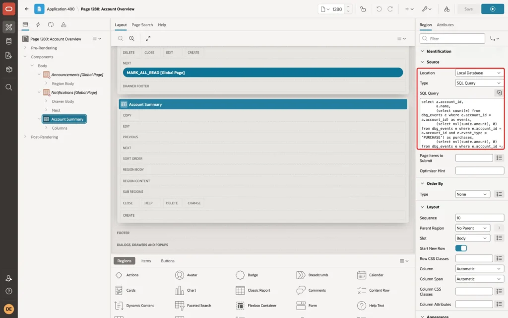 Page Designer with the region Account Summary selected and Location, Type and SQL Query marked with a red box