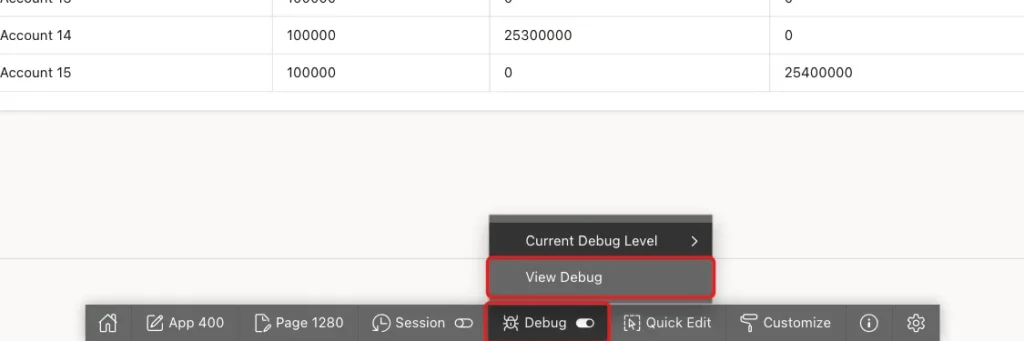 Developer Toolbar with the Debug item and the View Debug entry marked with red boxes