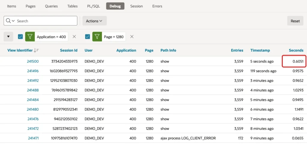 Debug page view list with the latest view at 0.6051 seconds marked with a red box, above the earlier views of about one second