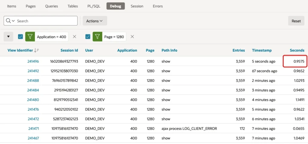 Debug page view list with the Seconds column of the latest Account Overview view marked with a red box
