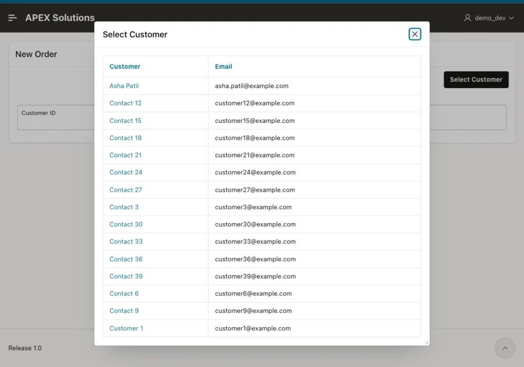 Oracle APEX modal dialog Select Customer listing customers with their email addresses over the New Order page
