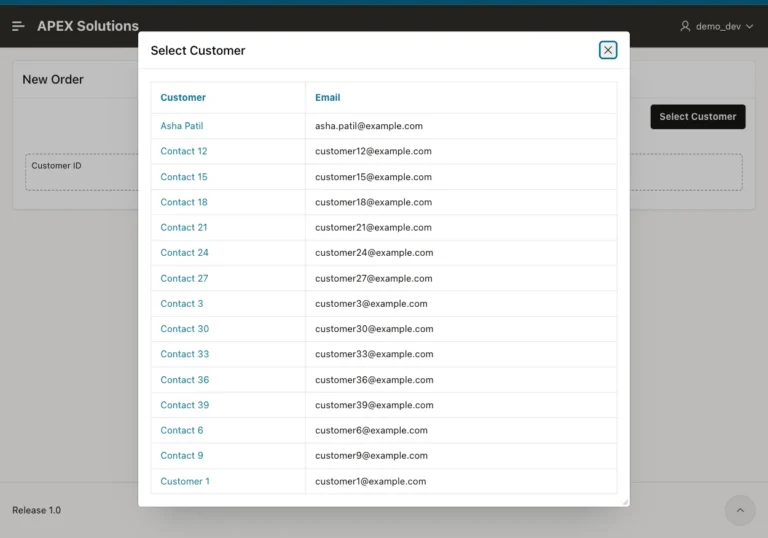 Oracle APEX modal dialog Select Customer listing customers with their email addresses over the New Order page