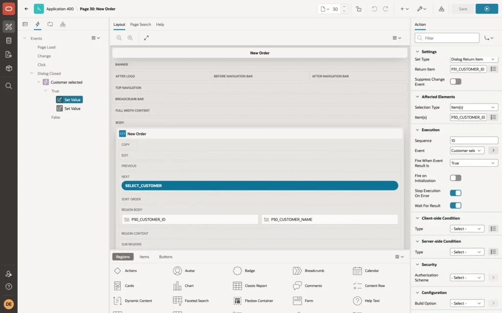 Page Designer showing the Set Value action with Set Type Dialog Return Item and Return Item P31_CUSTOMER_ID on page 30