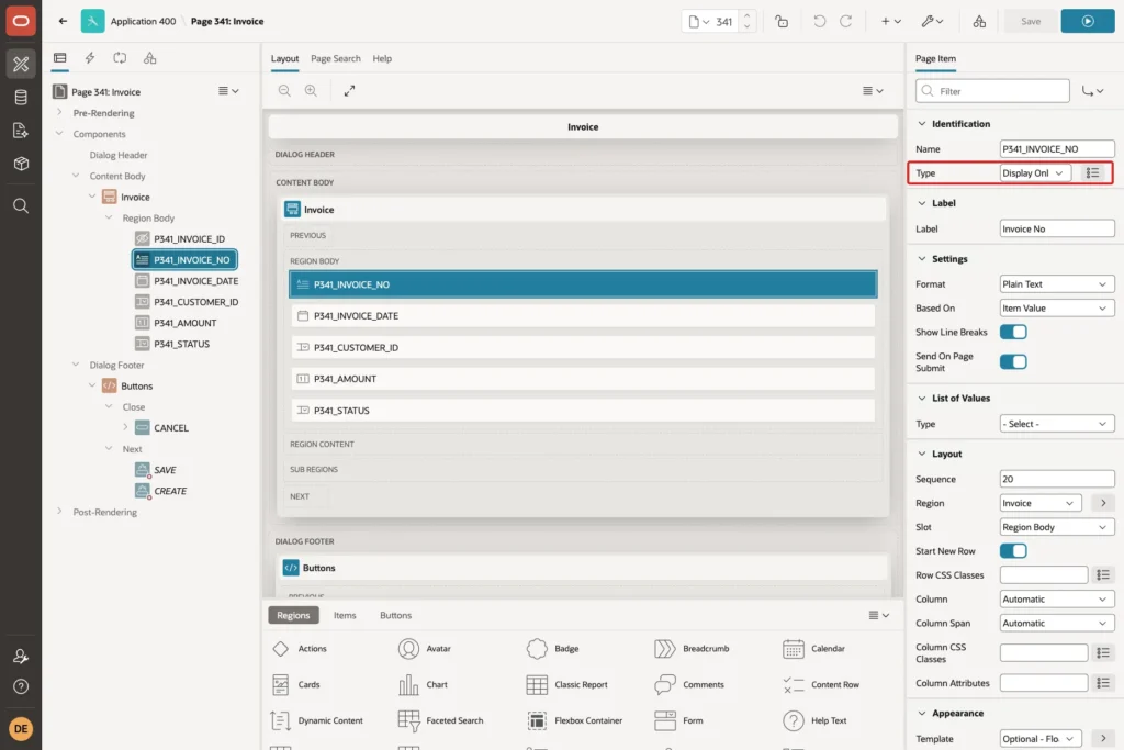 Page Designer with P341_INVOICE_NO selected and Type Display Only marked with a red box