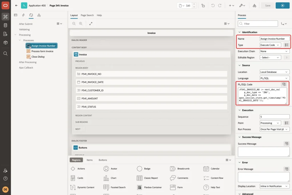 Page Designer with the Assign Invoice Number process, Name, Type Execute Code and the PL/SQL Code marked with red boxes