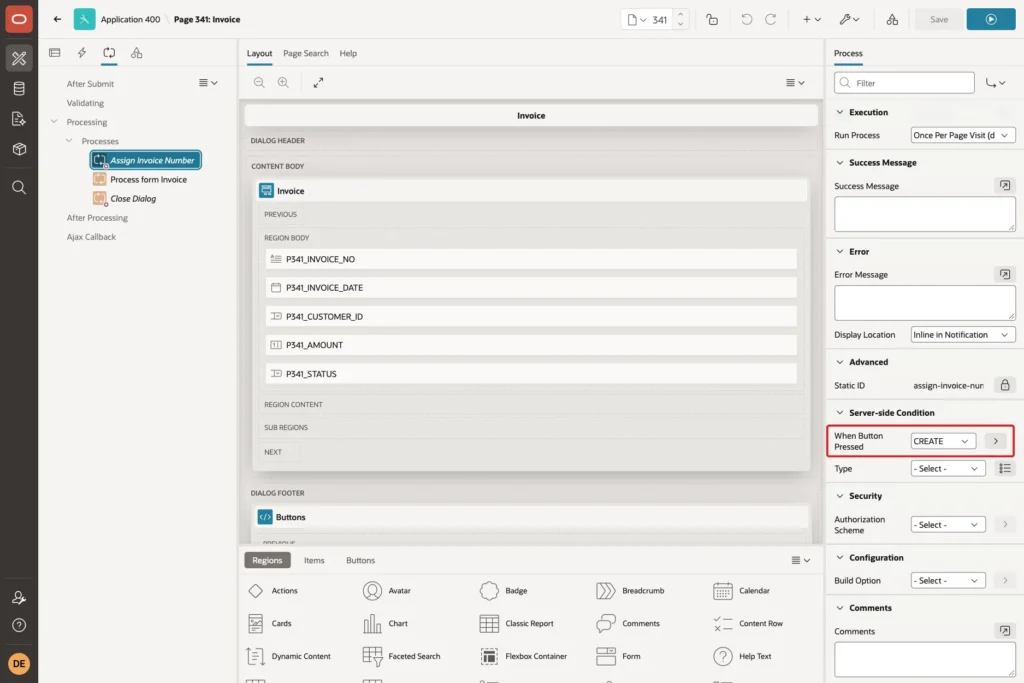 Server-side Condition of the process with When Button Pressed CREATE marked with a red box