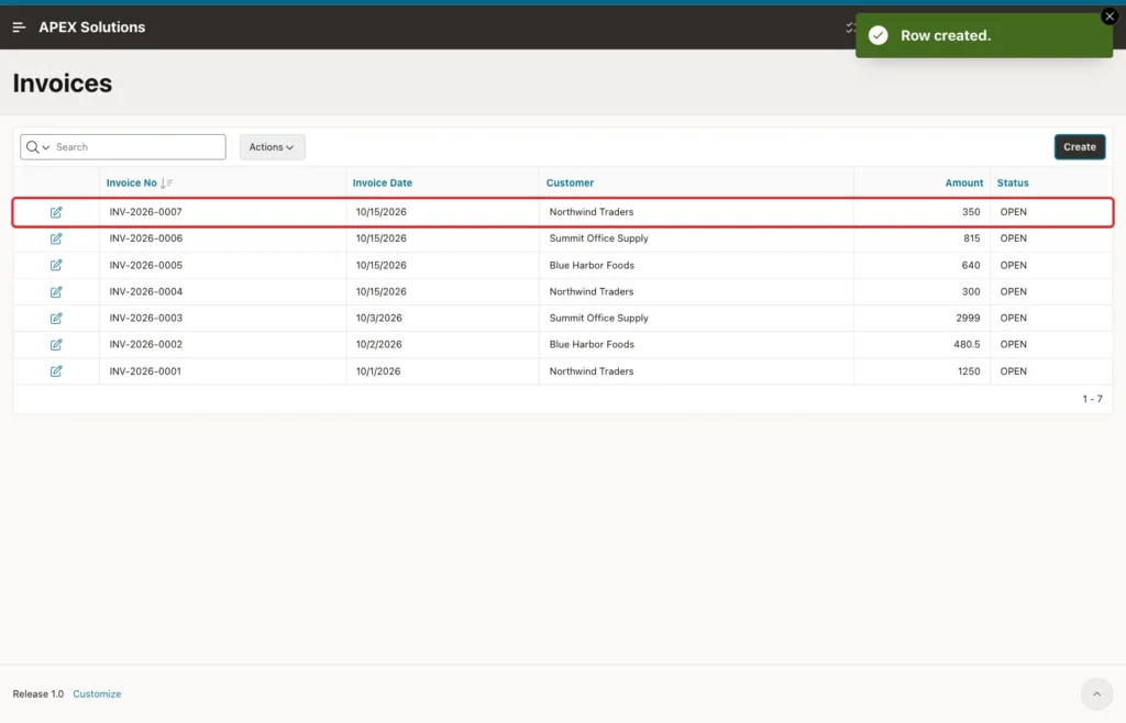 Invoices report with the new row INV-2026-0007 for Northwind Traders marked with a red box
