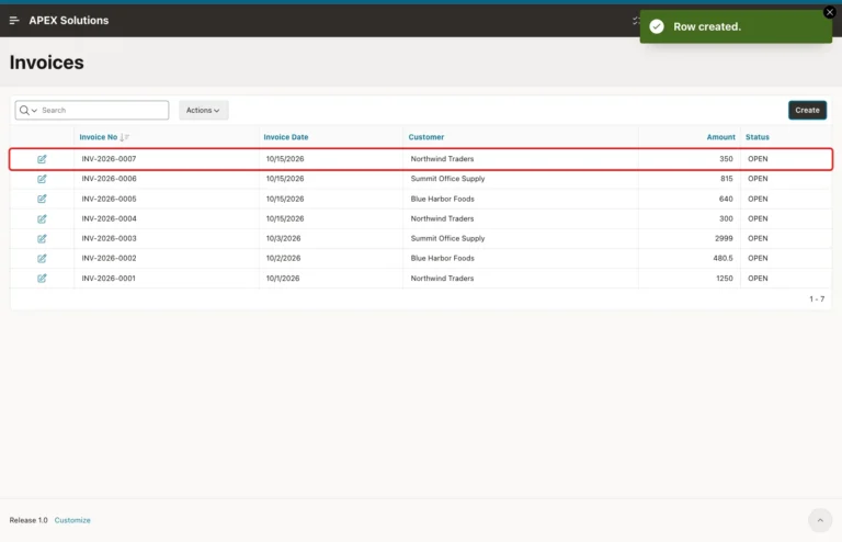 Invoices report with the new row INV-2026-0007 for Northwind Traders marked with a red box
