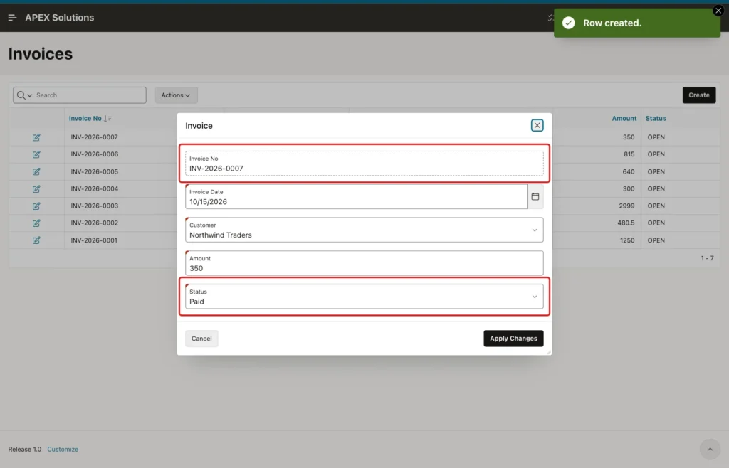Invoice dialog for INV-2026-0007 with the Invoice No and the Status Paid marked with red boxes