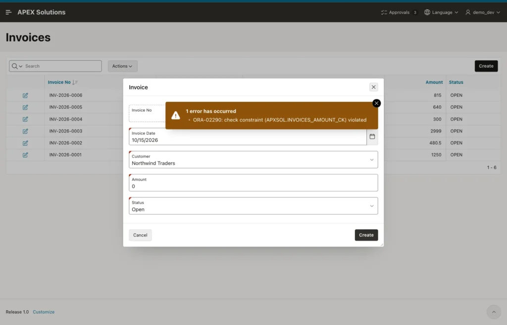 Invoice dialog showing the error ORA-02290 check constraint INVOICES_AMOUNT_CK violated