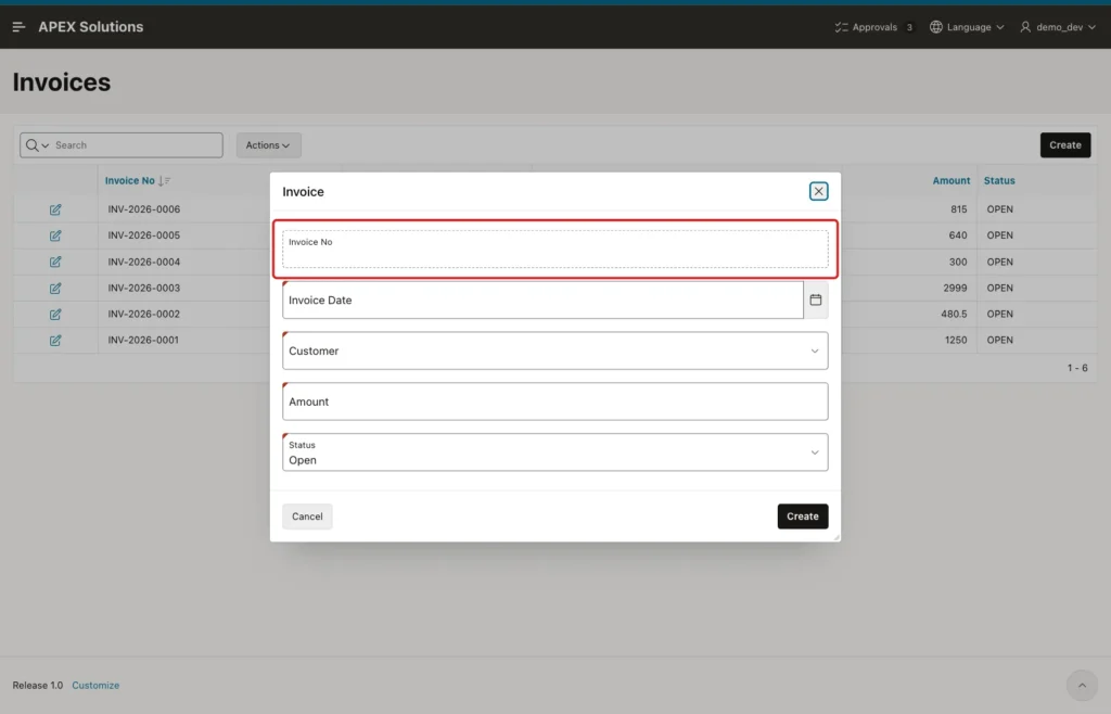 Invoice modal dialog with the empty Invoice No display field marked with a red box