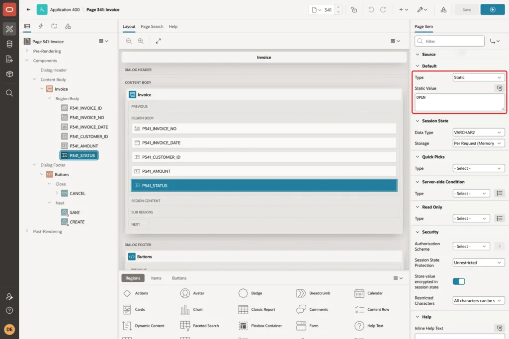 Default group of P341_STATUS with Type Static and Static Value OPEN marked with a red box