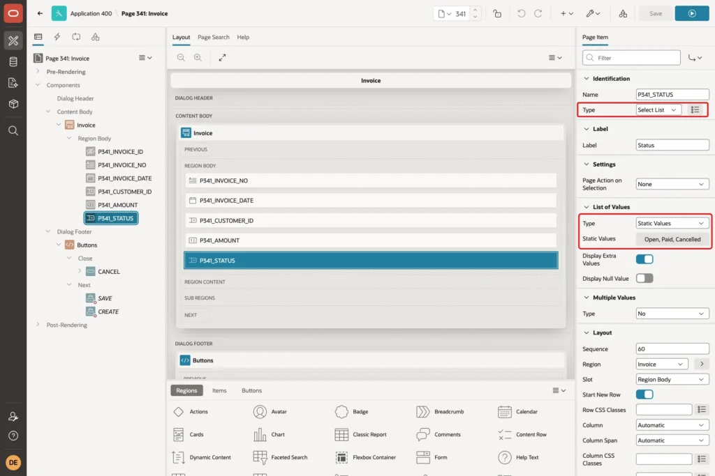 Page Designer with P341_STATUS as a Select List and the Static Values list of values marked with red boxes
