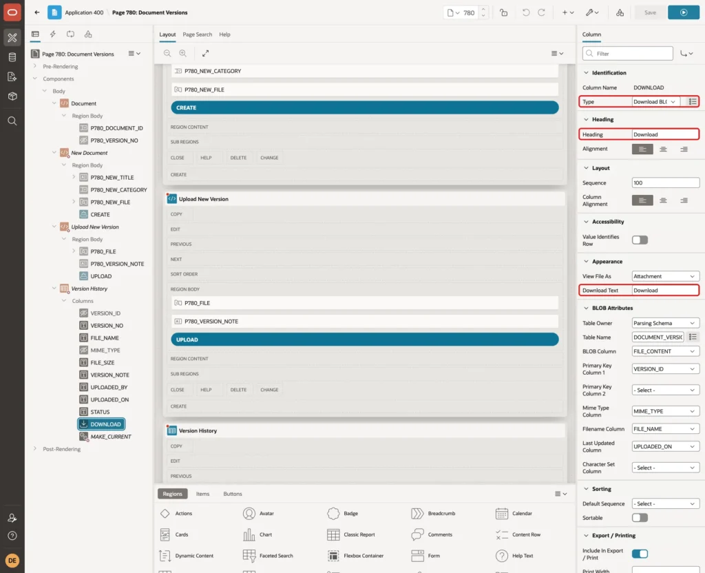 Column DOWNLOAD with Type Download BLOB, Heading Download and Download Text Download marked with red boxes