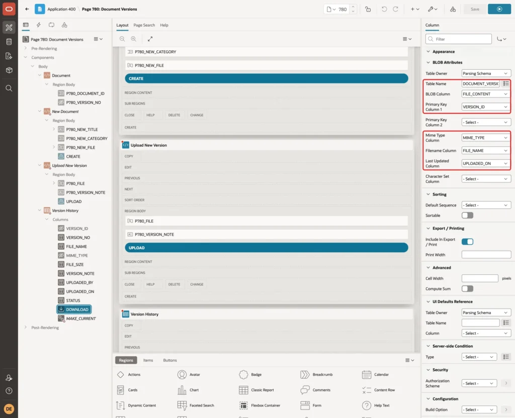 BLOB Attributes with Table Name DOCUMENT_VERSIONS, BLOB Column FILE_CONTENT, Primary Key Column 1 VERSION_ID, Mime Type Column, Filename Column and Last Updated Column marked with red boxes