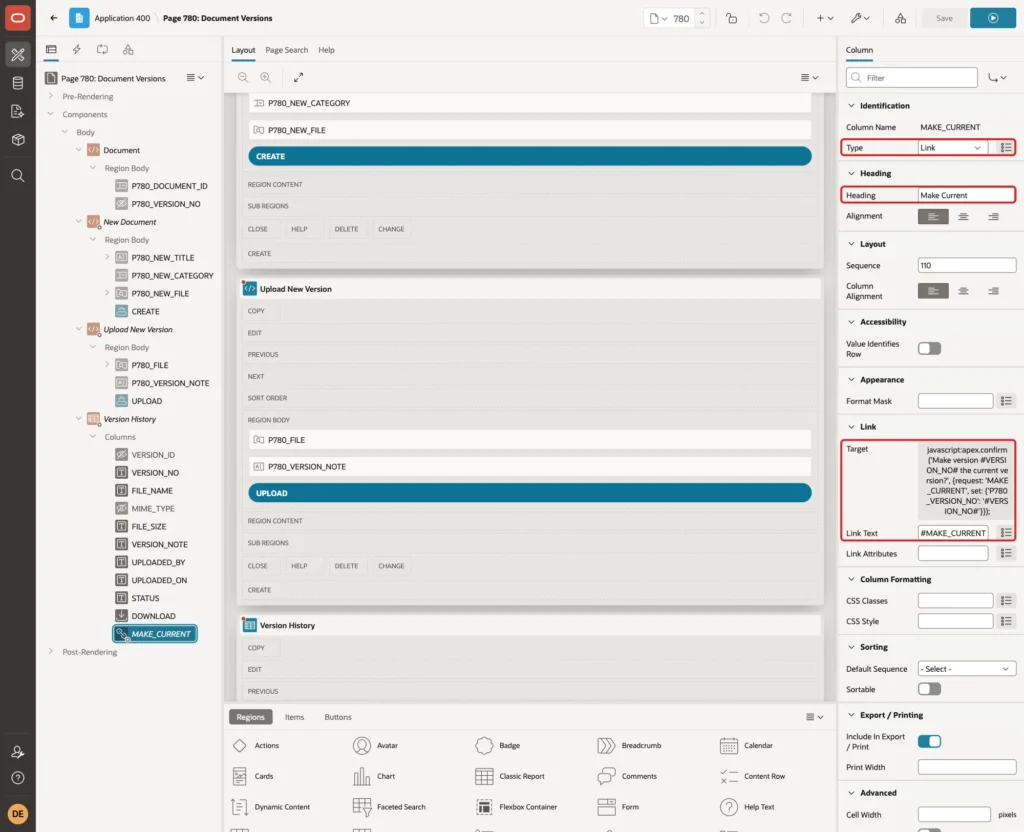 Column MAKE_CURRENT with Type Link, Heading Make Current, the javascript target URL and Link Text #MAKE_CURRENT# marked with red boxes
